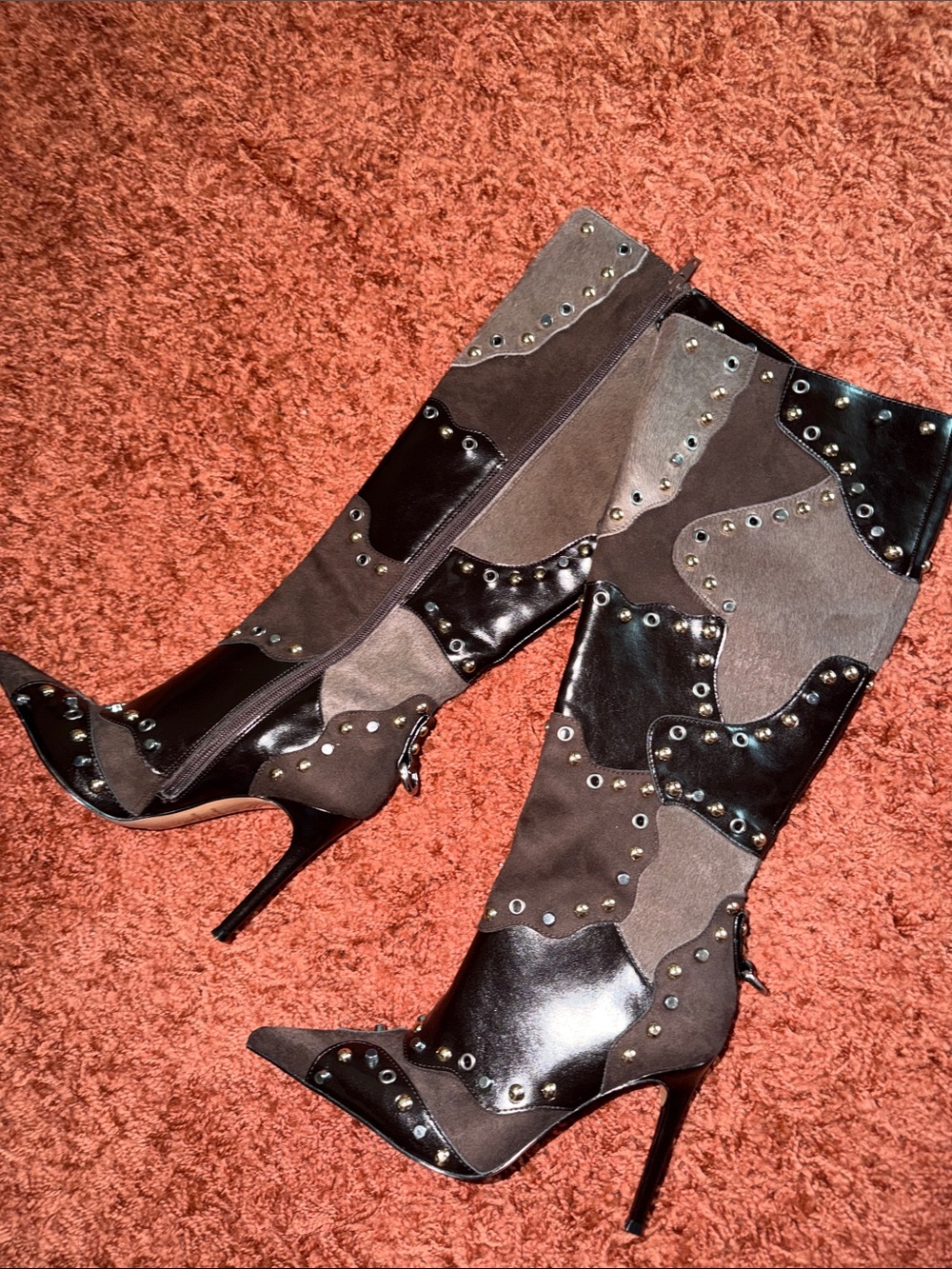 Studded Patchwork Knee-High Heels - Brown/Black